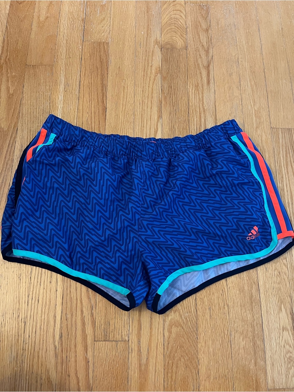 Adidas Women's Navy Zigzag Running Shorts with Teal and Coral Trim